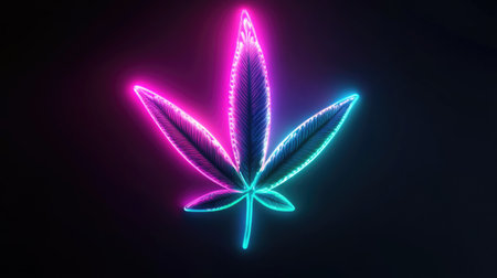 A vibrant neon cannabis leaf symbol with a blend of glowing colors against a dark background, perfect for modern designs, advertisements, and artistic projects.の素材