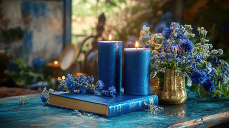 A serene tabletop scene featuring elegant blue candles and a vibrant floral arrangement. This cozy setting evokes tranquility and warmth. Ideal for enhancing interior design and creating a peaceful atmosphere.の素材