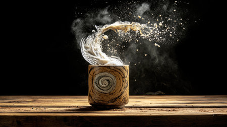 A captivating image of a cup with swirling coffee and milk, creating an energetic splash against a dark background, perfect for food and beverage themes.の素材