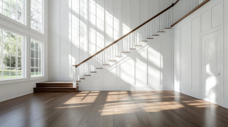 Stunning modern interior featuring a spacious layout with elegant wooden stairs and large windows that allow abundant natural light to fill the room.の素材