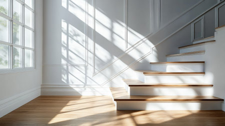 A beautifully designed interior showcasing a staircase illuminated by sunlight from large windows. The play of light and shadows creates a tranquil and modern atmosphere.の素材