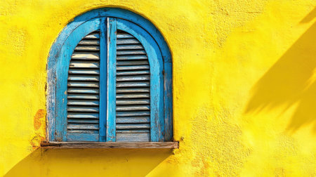 This stunning image features a rustic blue shutter window set against a vibrant yellow wall. The bright colors create a cheerful and inviting atmosphere perfect for various design projects.の素材