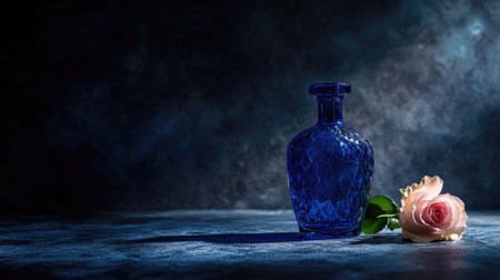 This captivating image features a beautifully crafted blue glass bottle alongside a delicate pink rose, set against a dark, moody background. The interplay of light and shadows emphasizes the elegance and artistry of the scene, creating a serene and romantic atmosphere.の素材