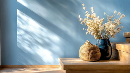 A serene interior scene featuring a blue wall, elegant flower arrangement in a vase, and natural light creating soft shadows, perfect for home decor inspiration.の素材
