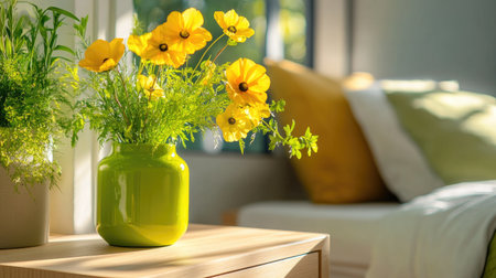 A vibrant arrangement of yellow flowers in a green vase brings life to a modern living room. Soft sunlight filters through, creating a warm and inviting atmosphere.の素材