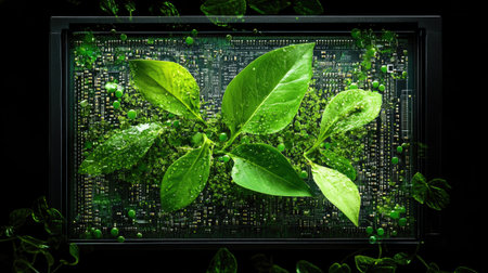 A striking image blending nature and technology, featuring vibrant green leaves emerging from a circuit board, symbolizing the synergy between the environment and innovation.の素材
