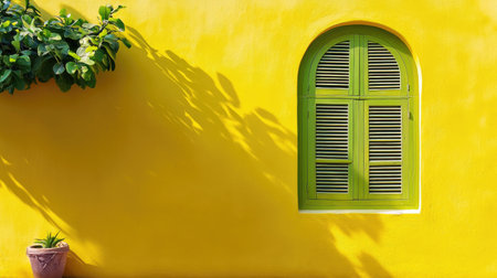 A vibrant yellow wall features a charming green window with wooden shutters, casting playful shadows. A potted plant adds a touch of nature to this sunny backdrop.の素材
