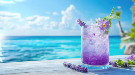 A refreshing lavender cocktail sits elegantly on a table with a stunning blue ocean backdrop. Perfect for summer relaxation or tropical vacations.の素材