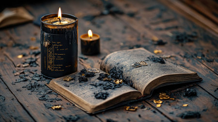 An old, open book rests on a rustic wooden table, illuminated by the gentle flames of candles. Gold flakes and decorative elements create a warm, inviting atmosphere perfect for storytelling or reflection.の素材