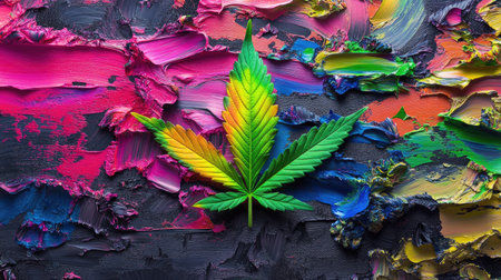A vibrant cannabis leaf rests atop an abstract painted background, showcasing a harmonious blend of colors and textures, making it a perfect artistic representation.の素材