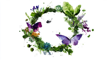 This stunning watercolor wreath features vibrant butterflies and lush greenery, perfect for nature-themed designs and floral decorations.の素材