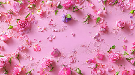 A beautiful arrangement of pink rose petals and flowers scattered on a soft pink background. Perfect for wedding themes, romantic celebrations, or nature-inspired designs.の素材