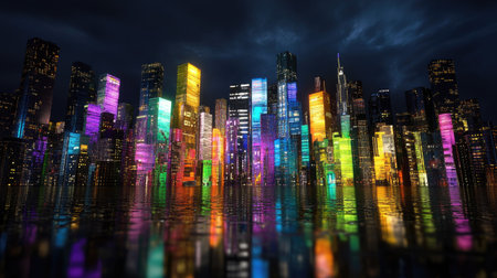 A breathtaking view of a vibrant city skyline at night, featuring colorful neon lights reflecting on the water surface, creating a mesmerizing urban landscape.の素材