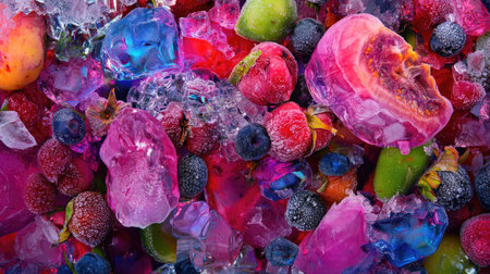 A vibrant arrangement of assorted fruits like berries and peaches surrounded by colorful ice cubes, perfect for showcasing freshness and vitality in culinary designs.の素材