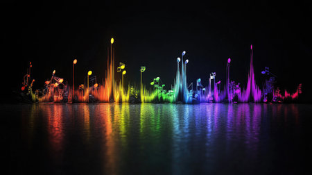 Vibrant colorful sound waves featuring musical notes create an eye-catching visual representation of music and rhythm against a sleek black background.の素材