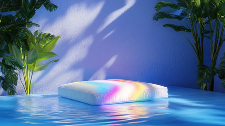 A vibrant and artistic scene featuring a bright pillow floating gently on calm water, surrounded by tropical greenery, exuding serenity and relaxation.の素材