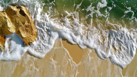 This stunning aerial view captures the serene beauty of waves gently crashing on a golden sandy beach. The rocky outcrop adds character to the picturesque scene, showcasing nature's harmony.の素材