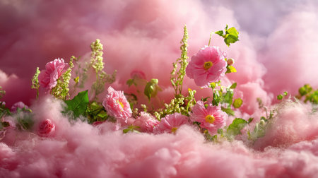 A stunning arrangement of pink flowers rises gracefully from a bed of soft pink clouds, creating a dreamy and enchanting atmosphere perfect for various design needs.の素材