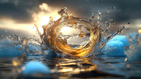 Stunning close-up of a water splash capturing golden reflections from a sunset, creating a mesmerizing visual effect in a serene landscape.の素材