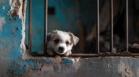 A heartwarming image of a puppy peering through rusty bars in an abandoned building. This captivating portrait evokes emotions of loneliness and hope.の素材