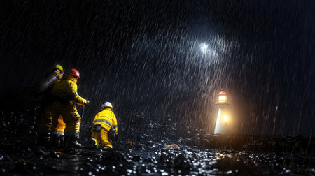 A dramatic scene featuring an emergency team engaged in a rescue operation during a stormy night, with heavy rain and a guiding lighthouse illuminating the dark surroundings.の素材