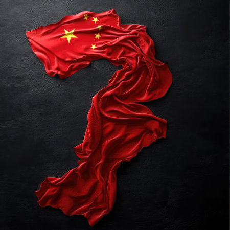 This image captures a beautifully draped red fabric featuring a yellow star, symbolizing China's national identity. The vibrant colors and smooth texture create an artistic representation, ideal for themes of culture and pride.の素材