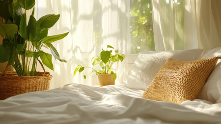 This serene bedroom features soft textiles and lush greenery, illuminated by gentle natural light. It invites relaxation and a calming atmosphere.の素材