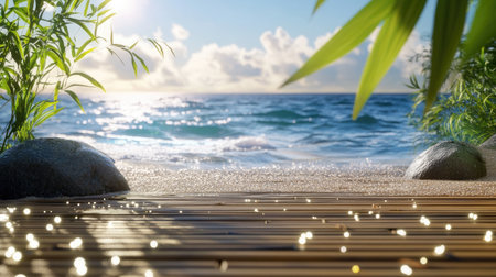 A tranquil view of a tropical beach featuring gentle waves, soft sand, and lush greenery. Sunlight sparkles on the water, creating a serene atmosphere.の素材