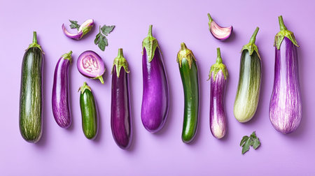 This image showcases an array of fresh eggplant varieties, featuring vibrant colors and textures arranged on a stylish purple background, ideal for food photography.の素材