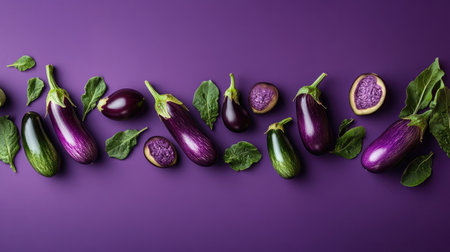 A stunning arrangement of fresh eggplants and leafy greens on a purple backdrop, perfect for culinary inspiration, food styling, or healthy eating themes.の素材