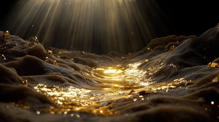 This captivating image features a soft golden stream of light reflecting on a textured surface, illuminated by rays against a dark backdrop, evoking tranquility.の素材