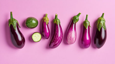 This image features a vibrant arrangement of various eggplants and cucumbers on a bright pink background, showcasing their glossy textures and rich colors.の素材