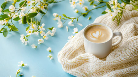 A cozy scene showcasing a cup of coffee with heart-shaped latte art, surrounded by delicate flowers and soft knit, evoking warmth and style.の素材