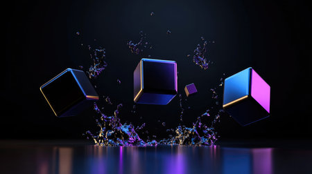 This visually striking image features floating abstract cubes in a vibrant color scheme, interacting with splashes of water against a dark backdrop, creating a captivating visual effect.の素材