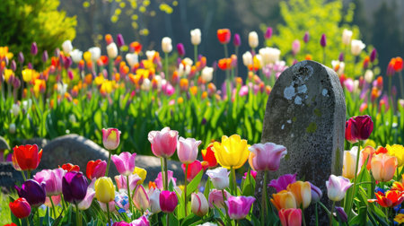 A stunning display of vibrant tulips in various colors brings life to a serene spring garden. The scene captures nature's beauty with lush greenery, providing a peaceful retreat perfect for relaxation and enjoyment.の素材