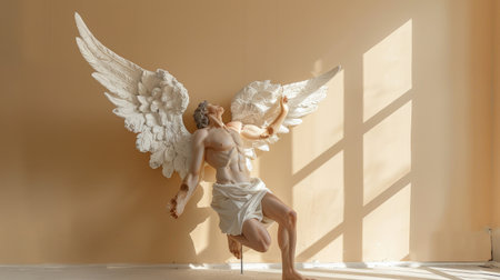 This stunning angel sculpture with majestic wings captures the essence of beauty and spirituality. Set against a warm background, it invites tranquility.の素材