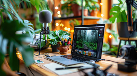 A cozy home office setup featuring a laptop, microphone, and various plants, creating an inspiring and productive workspace filled with greenery.の素材