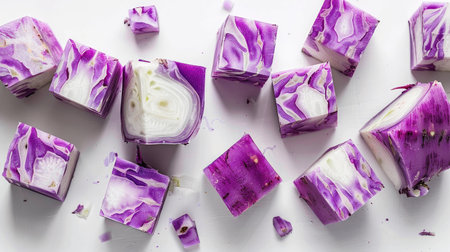 Close-up view of vibrantly colored purple cabbage segments arranged on a bright surface, showcasing unique patterns and natural beauty, ideal for culinary projects.の素材