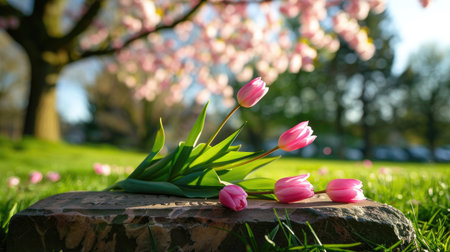A beautiful arrangement of vibrant pink tulips rests gracefully on a stone, illuminated by warm sunlight, against a backdrop of blooming trees.の素材