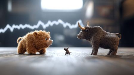 Charming scene featuring a bear and bull figurine playfully facing off on a wooden floor, accompanied by a market trend graphic. A perfect representation of financial dynamics.の素材