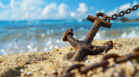 A close-up image of a rusty anchor partially buried in sandy beach with sparkling ocean waves and a bright blue sky, evoking a sense of calm and adventure.の素材