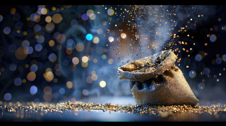 A captivating image of a shimmering sack releasing sparkling dust against a dreamy bokeh background, creating a magical and festive atmosphere perfect for visuals related to celebration and luxury.の素材