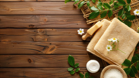 A serene spa setup featuring soft towels, natural ingredients, and fresh greenery, inviting relaxation and wellness in a cozy wooden environment. Perfect for self-care moments.の素材