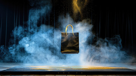 A striking image of a black shopping bag levitating amidst vibrant smoke and dust, creating a magical and artistic atmosphere ideal for retail themes.の素材