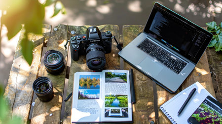 A captivating photography workspace featuring a DSLR camera, laptop, and an open photo book on a rustic wooden table bathed in natural light. Ideal for creatives.の素材