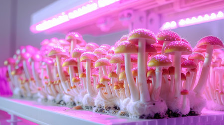 This captivating image showcases the colorful growth of mushrooms in a controlled indoor environment, illuminated by vibrant pink lighting.の素材
