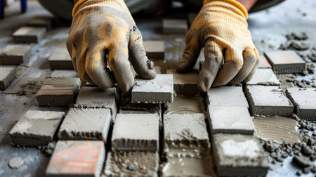 Close-up of skilled hands placing tiles in a meticulous pattern, showcasing craftsmanship and attention to detail in a construction or renovation project.の素材