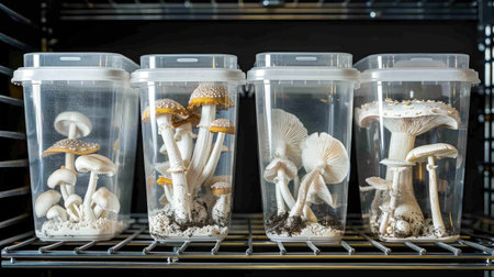 This image showcases the intricate growth stages of exotic mushrooms in clear containers on industrial shelving, highlighting their unique beauty and cultivation process.の素材