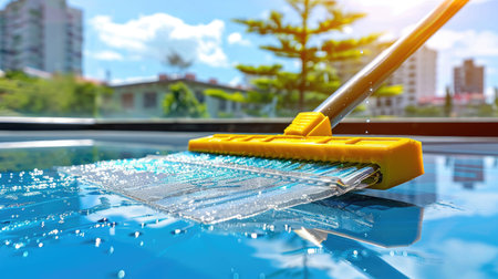 A vivid close-up image featuring a squeegee in action on a window. The scene captures droplets of water glistening on the glass surrounded by urban reflections and bright sky.の素材