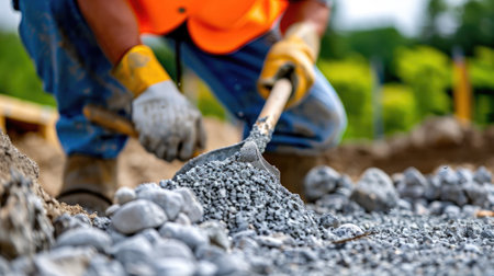 A construction worker shovels gravel on a worksite, showcasing safety gear and focused effort amidst a vibrant outdoor backdrop, reflecting industry dedication.の素材